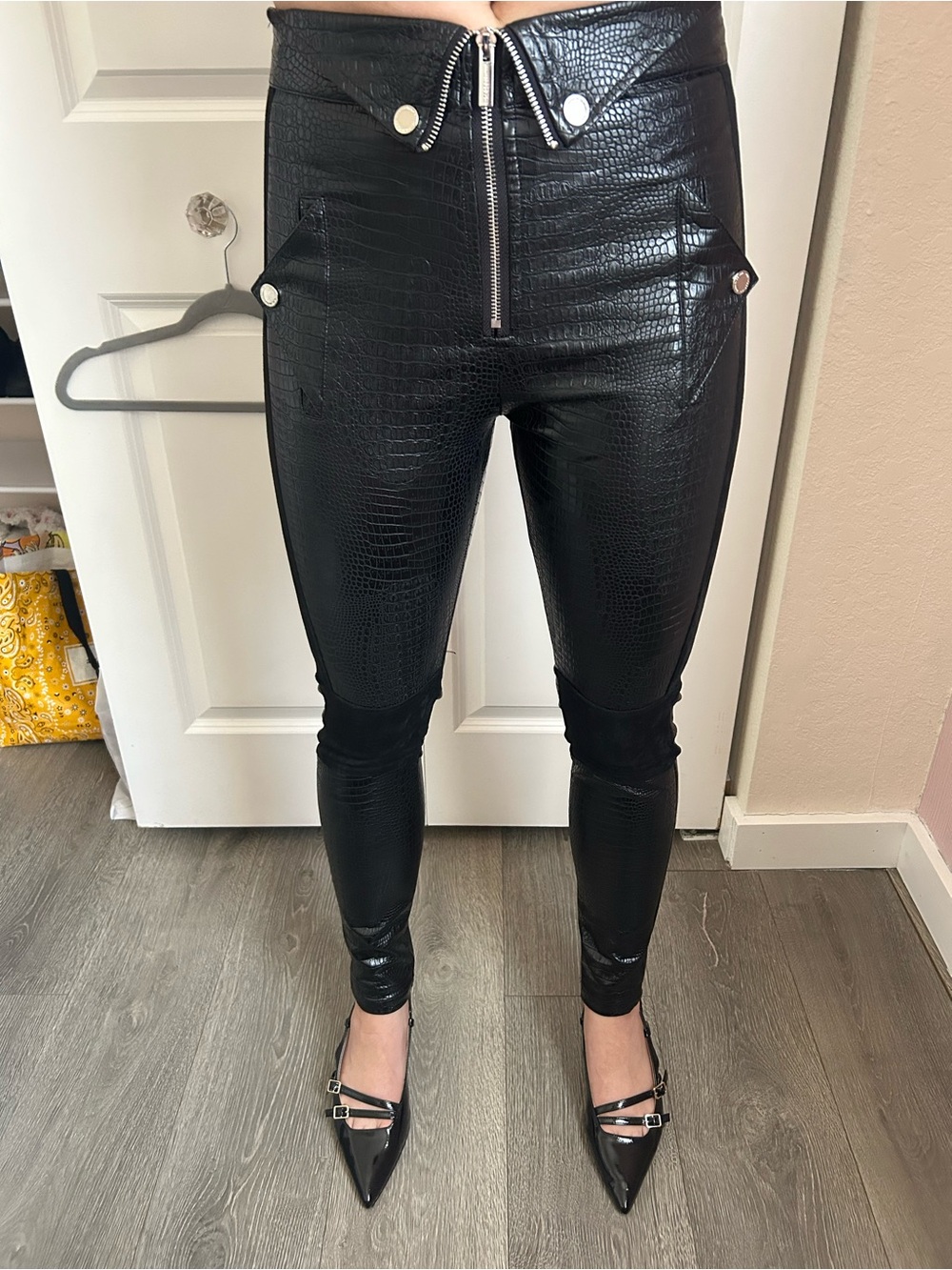 Maniere De Voir Black Faux Croc Skinny Pants with Front Zip